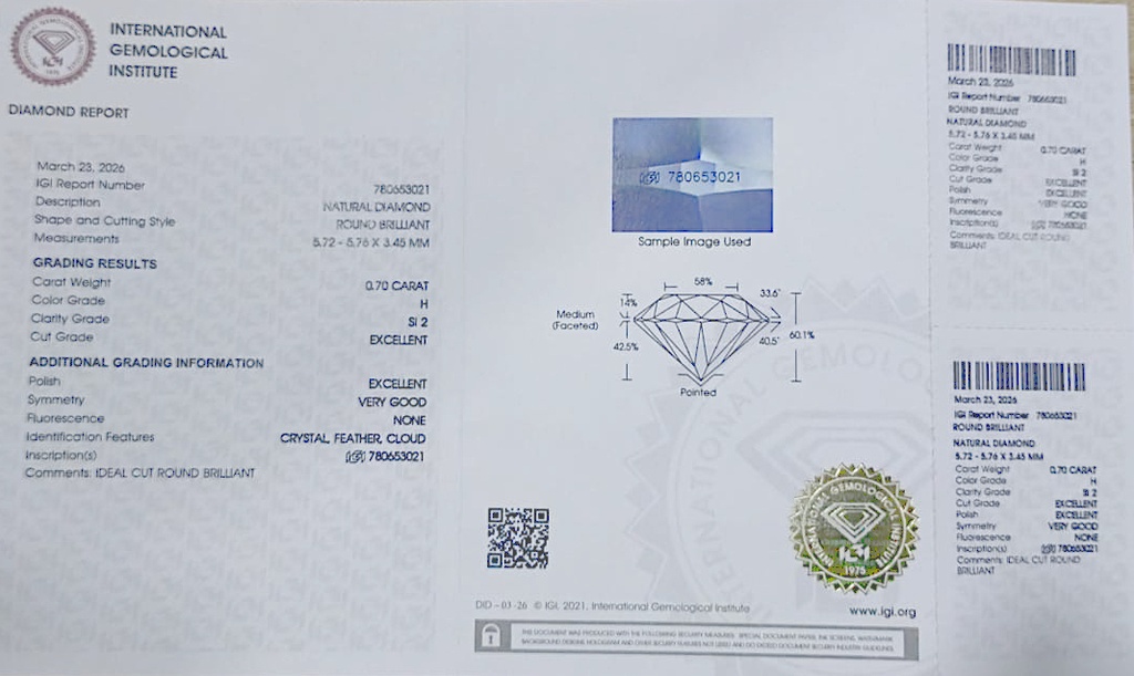 DIAMANTE TALLA  BRILLANTE 1 RD H-SI 0.70 CT.CON CERTIFICADO I.G.I.