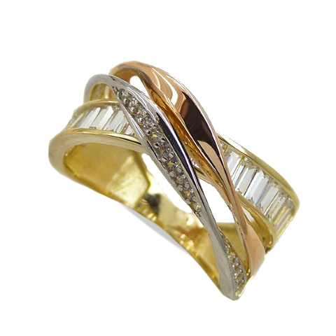 TRI-COLOR GOLD RING WITH BAGUETTE CZ.