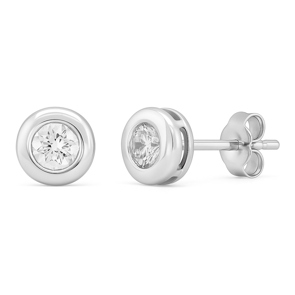 6MM STUD DIAMOND BEZEL WHITE GOLD EARRINGS.DIAMONDS H-SI 0.32 CT TW.