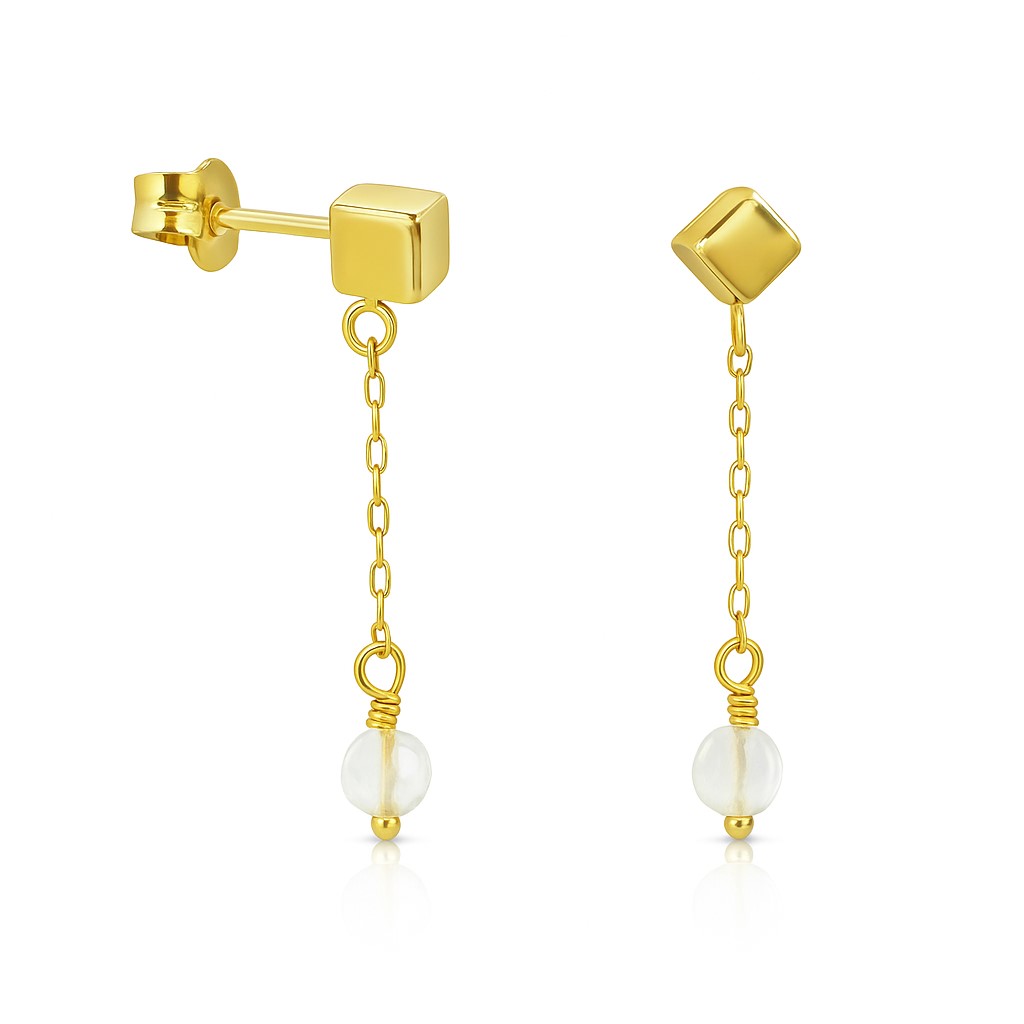 PENDIENTES CADENA CUBO PIEDRA LUNA SEMIPRECIOSA
