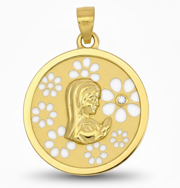 MEDALLA VIRGEN NIÑA REDONDA SATINADA CON FLORES CALADAS 20 MM 9K