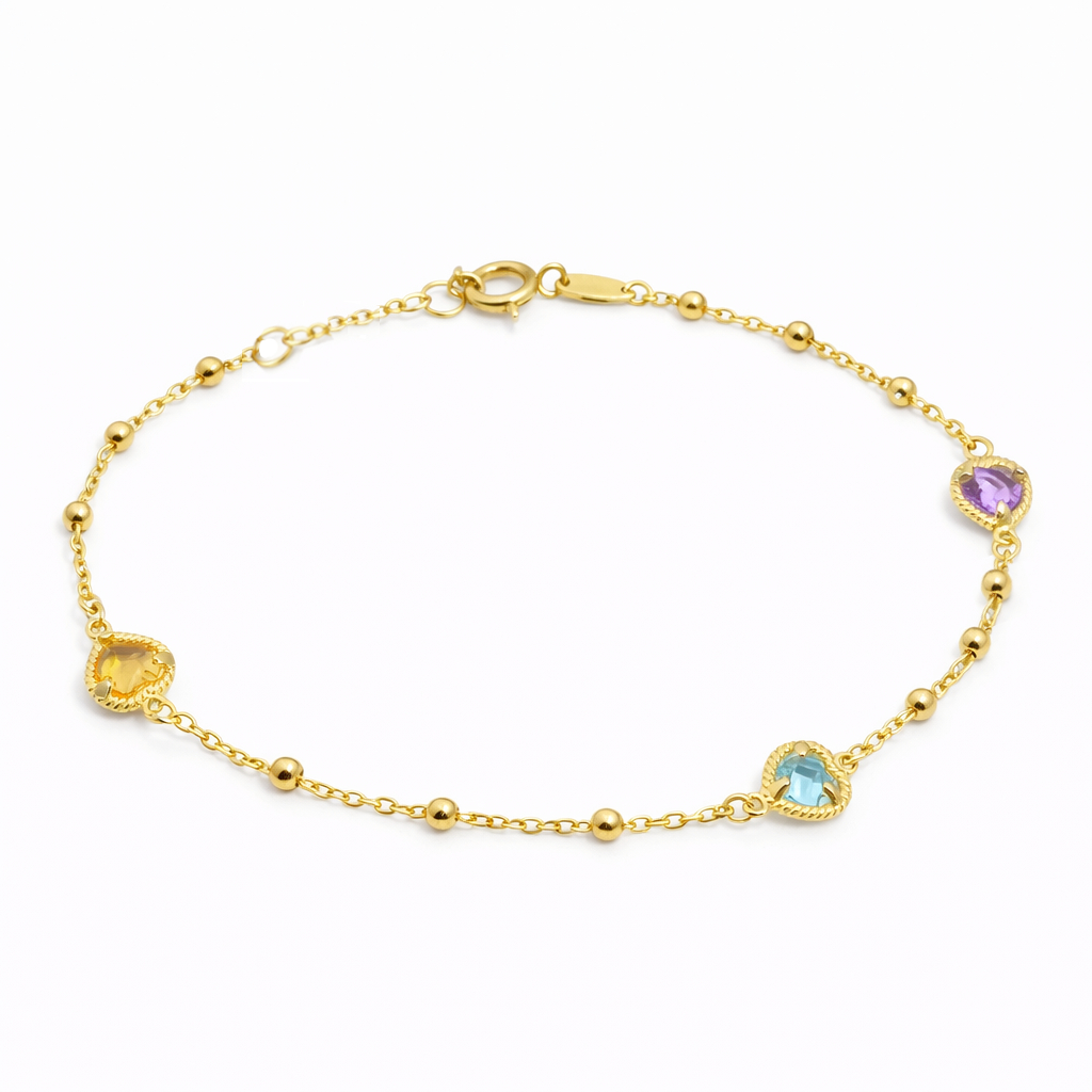 PULSERA 3 CORAZONES CIRCONITA DE COLOR Y BOLAS .17CM.9KILATES