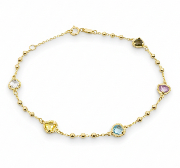 PULSERA CORAZONES CIRCONITA DE COLOR Y BOLAS.17CM.9 KILATES