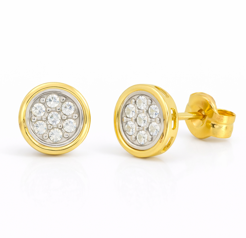 9 KARAT TWO TONE GOLD ROUND STUD EARRINGS.PUSHBACK