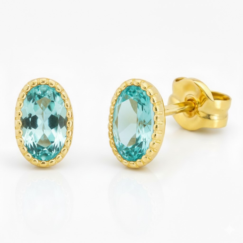PENDIENTES OVAL 6x4MM COLOR AGUAMARINA.9 KILATES