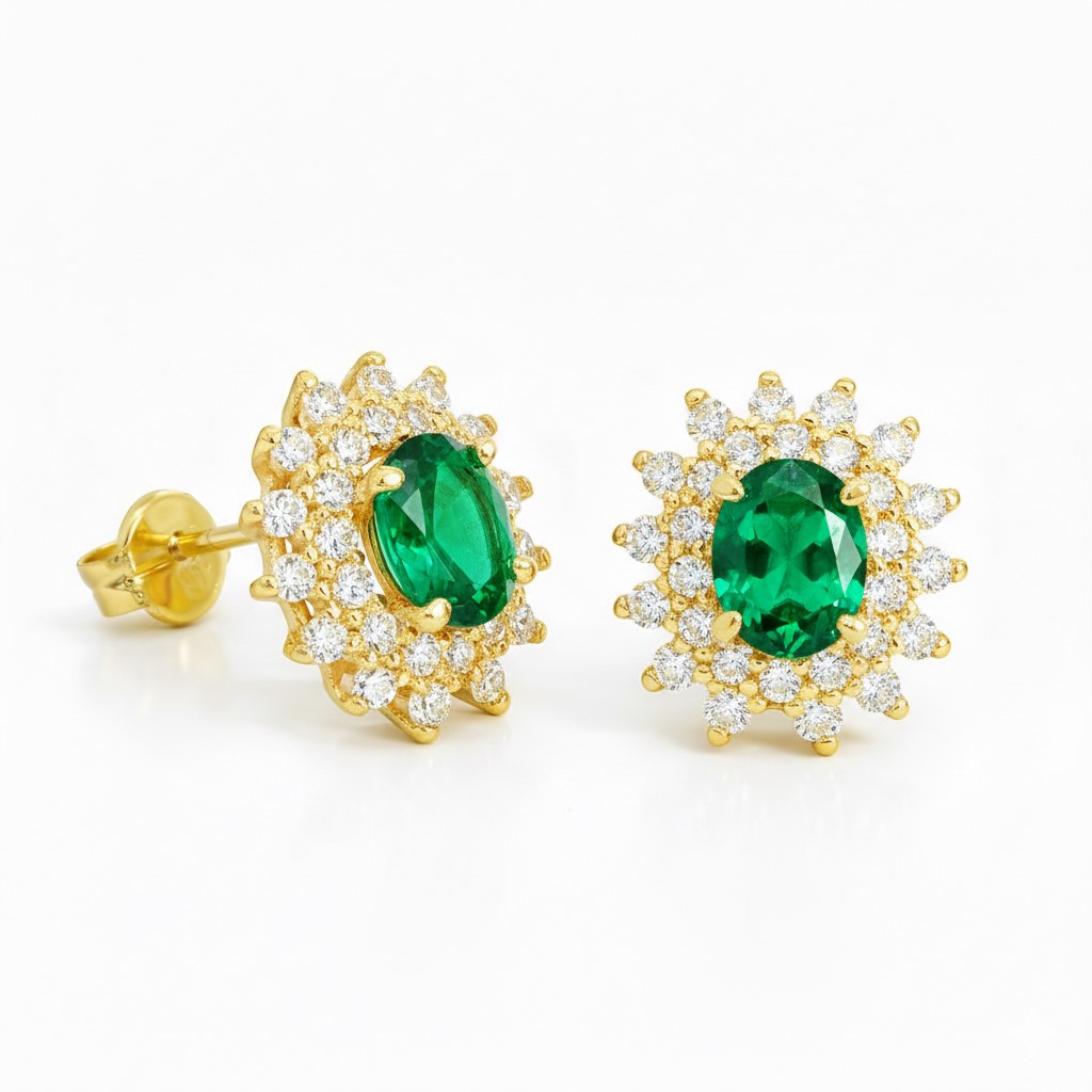 PENDIENTES CUAJO CIRCONITAS Y  NANO ESMERALDA DE 5x4MM.9 KILATES