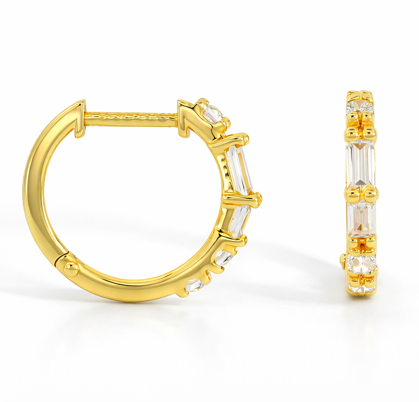 12 MM 9 KARAT GOLD BAGETTE CZ HUGGIES HOOP EARRINGS