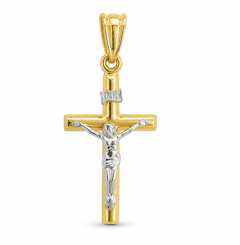 CRUZ LISA CON CRISTO BICOLOR .9 KILATES