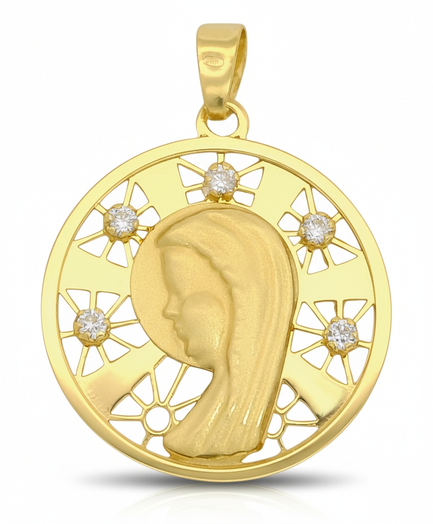 MEDALLA REDONDA VIRGEN CON CIRCONITAS.22MM. 9KILATES