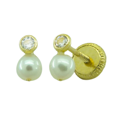 3MM PEARL AND 2MM BEZEL CZ EARRINGS.SCREW BACK.