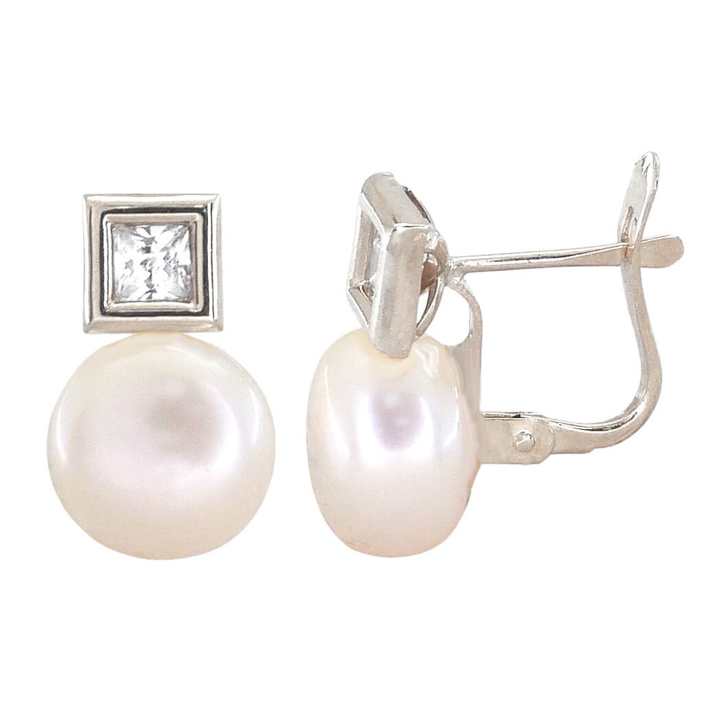 PENDIENTES ORO BLANCO CUADRADOS 6MM Y PERLA BOTON DE 10MM CATALAN Perla Cultivada