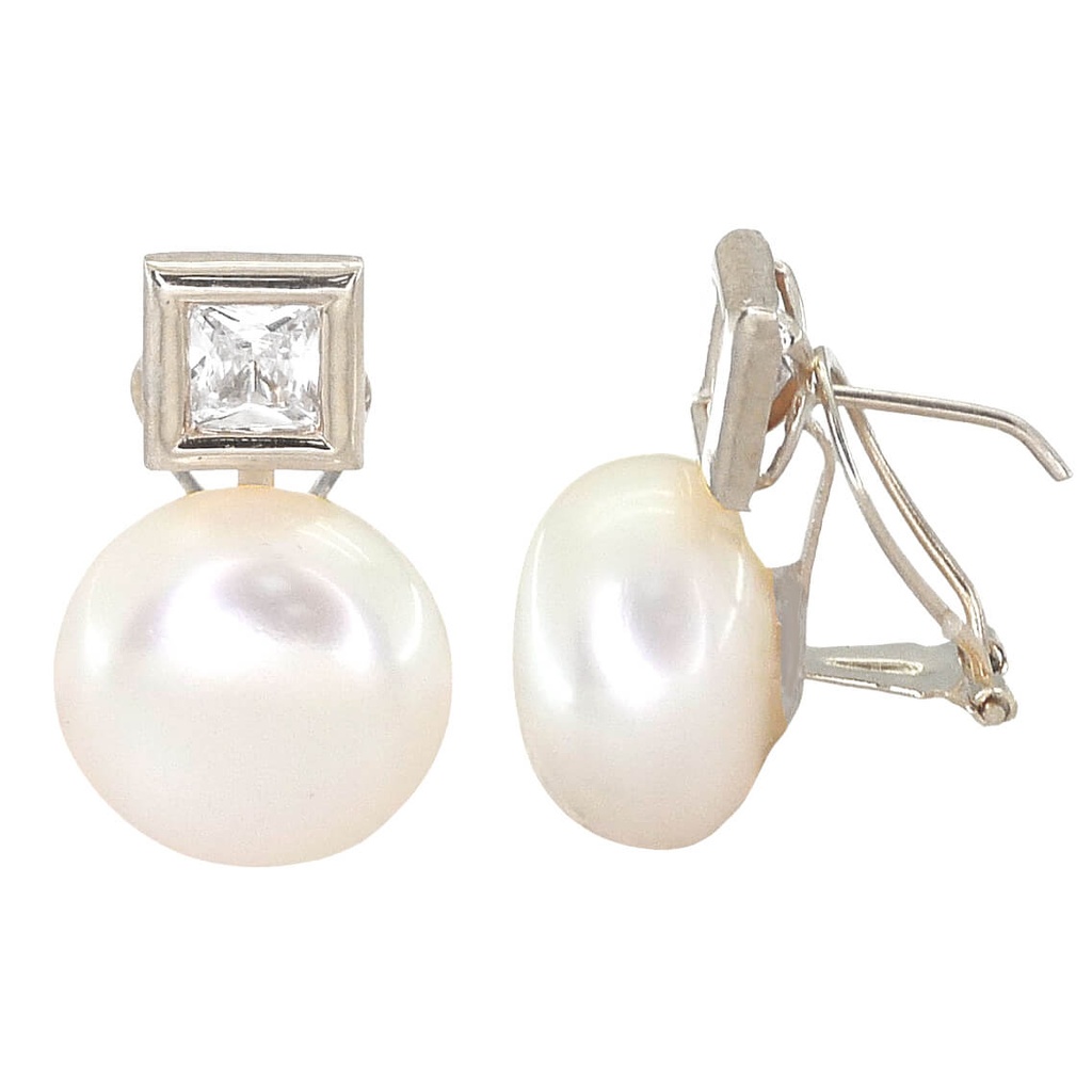 12MM BUTTON PEARL OMEGA BACK EARRINGS.WHITE GOLD.