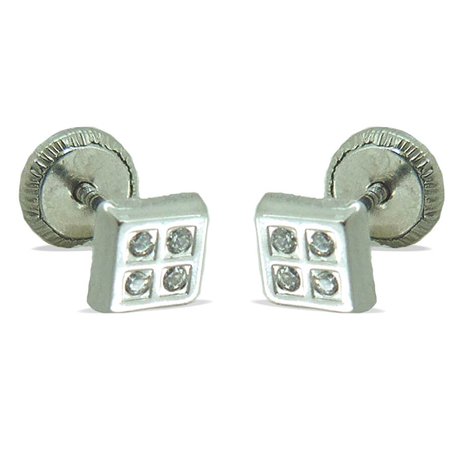 4x4MM WHITE GOLD SQUARE STUD EARRINGS.SCREW BACK.