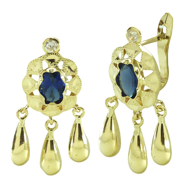 PENDIENTES CUBANA PIEDRA 6x4MM COLOR ZAFIRO Y  3 LAGRIMAS.CATALAN.20MM.