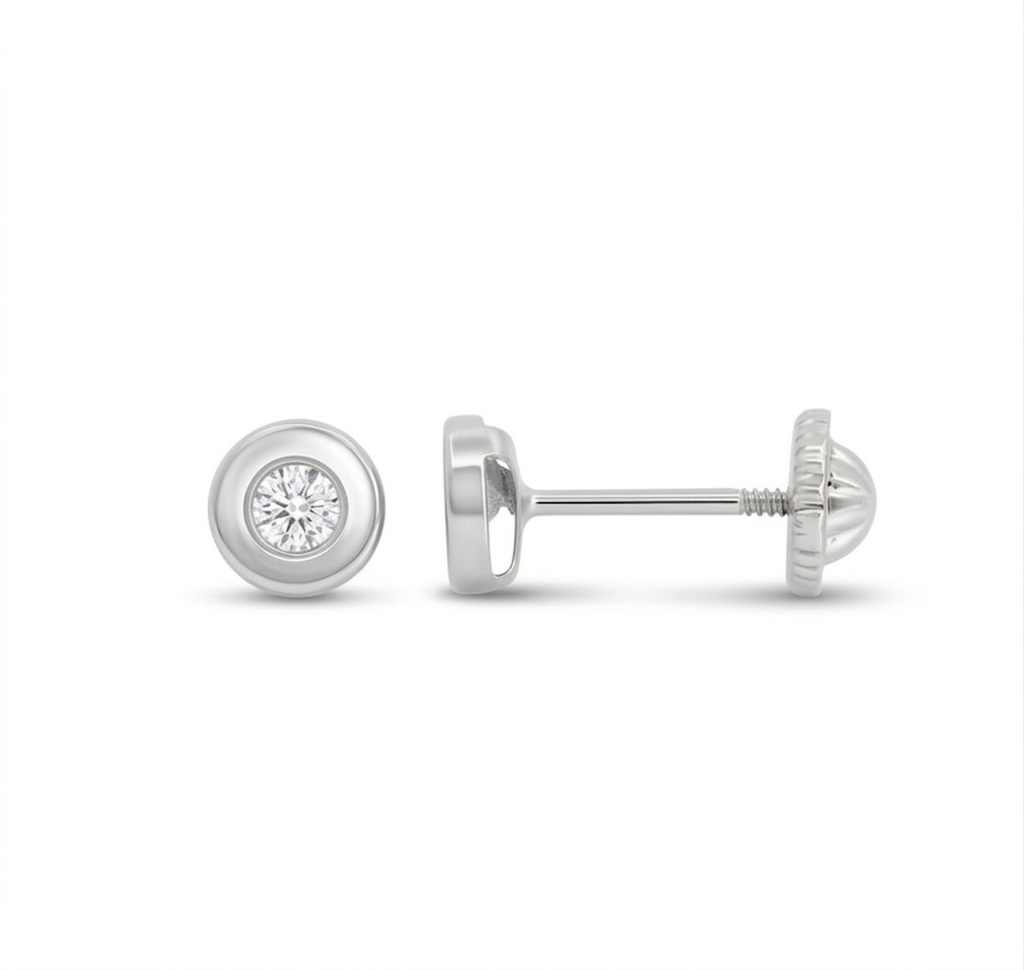 4MM CZ BAZEL STUD EARRINGS.WHITE GOLD.SCREW BACK.
