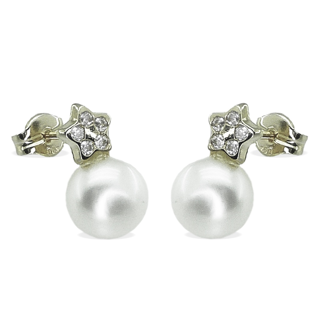 PENDIENTES ESTRELLA Y PERLA BOTON  DE 7'5MM.ORO BLANCO.PRESION Perla Cultivada