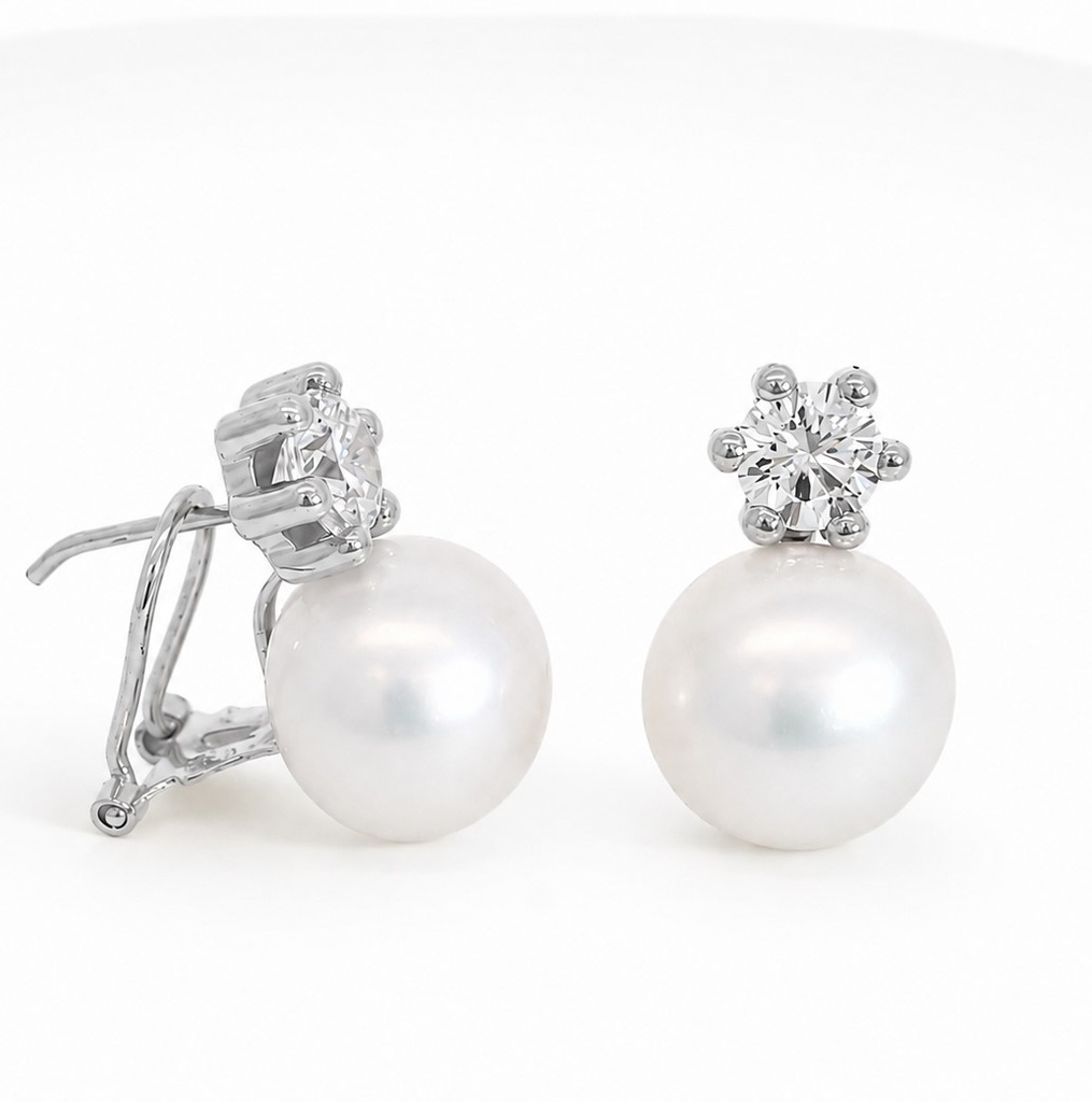 PENDIENTES GARRA 5MM Y PERLA DE 10/11MM.OMEGA.ORO BLANCO.
