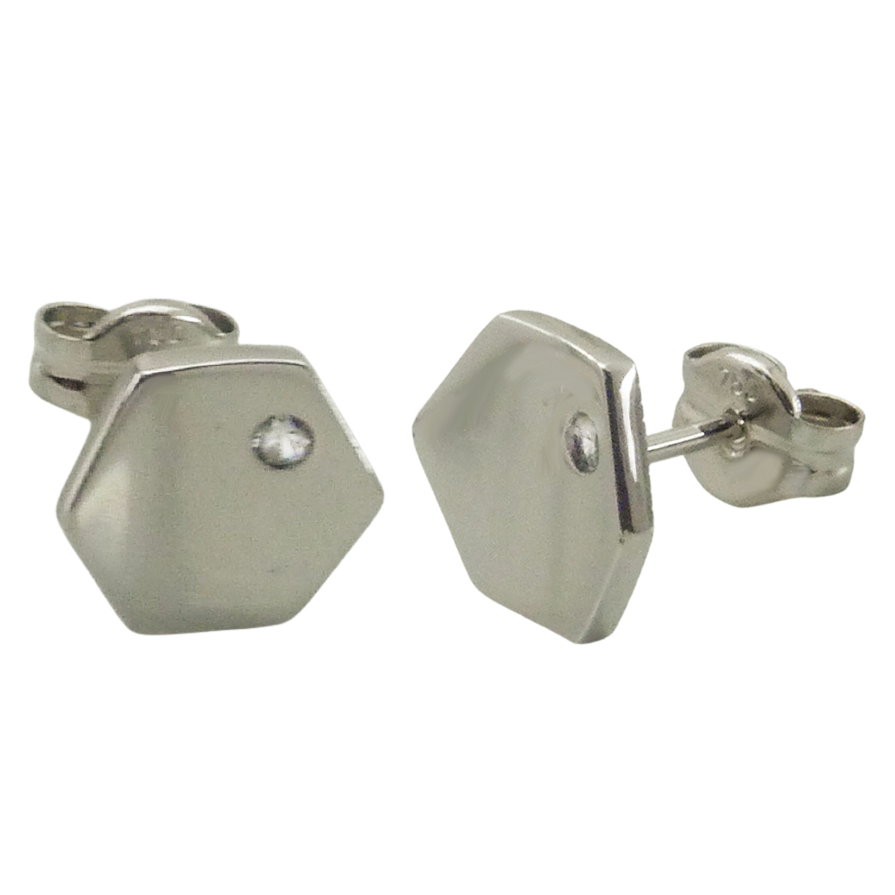 8MM HEXAGON STUD EARRINGS.WHITE GOLD.