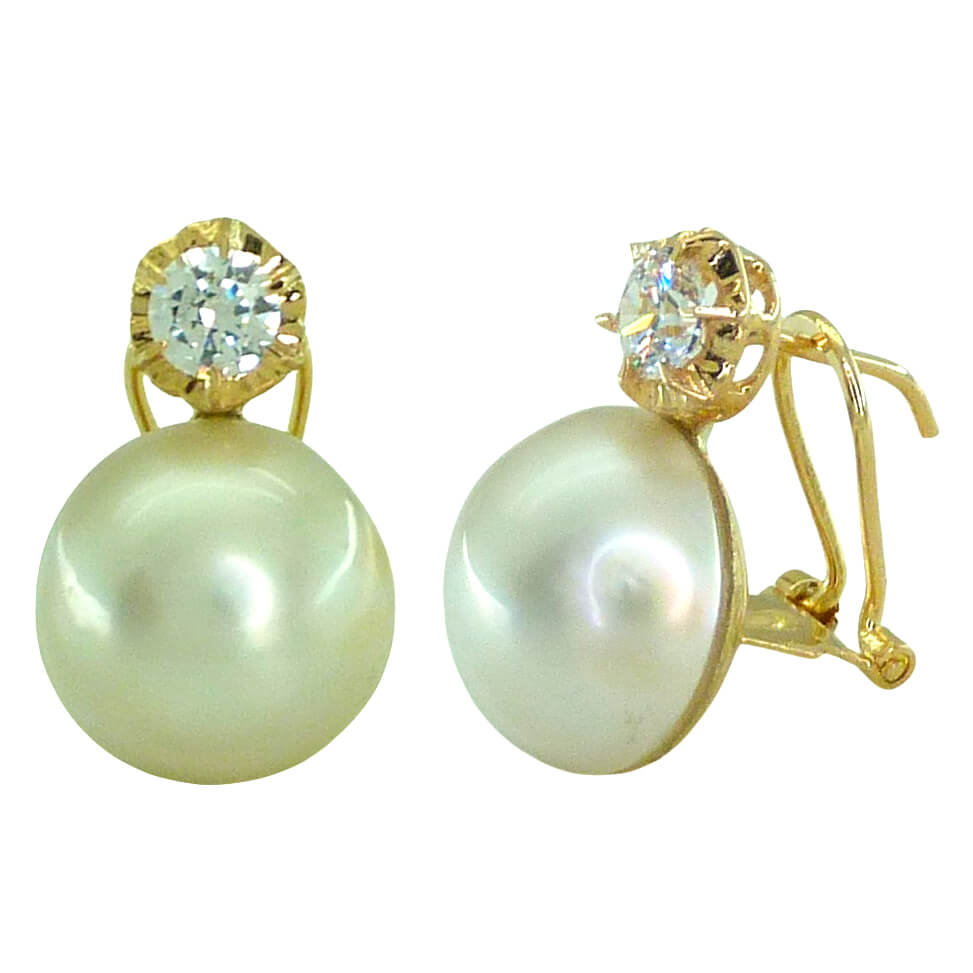 10/11 MM MABE PEARL EARRINGS WITH CZ.OMEGA BACK.