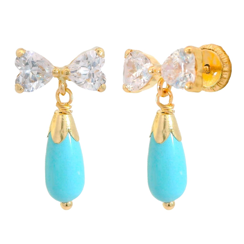 PENDIENTES LAZO DOS CORAZONES 4x4MM PERITA COLOR TURQUESA