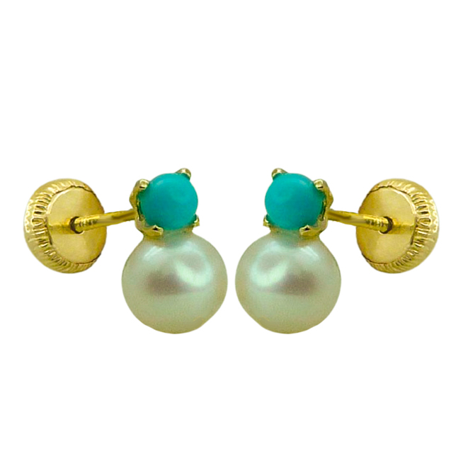 PENDIENTES PATILLA PERLA DE4MM Y BOLA COLOR TURQUESA.