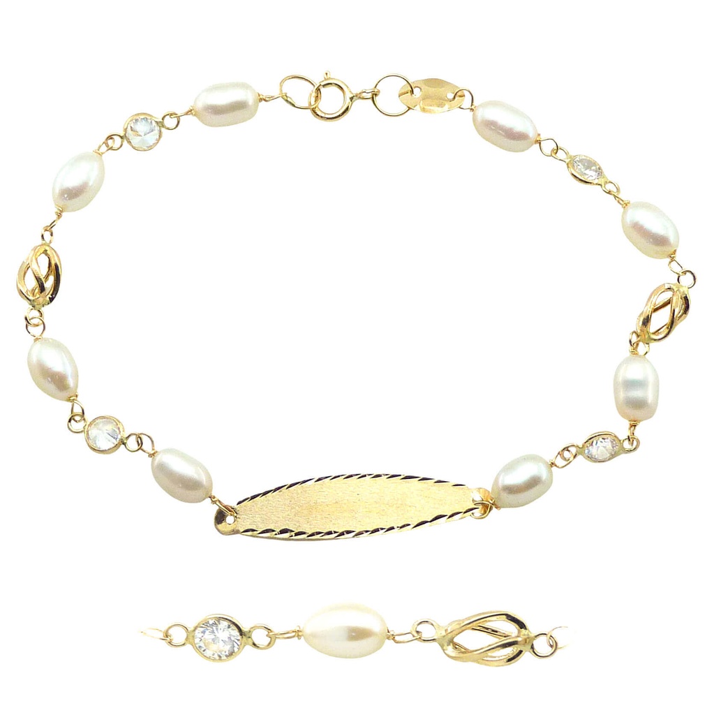PULSERA DE COMUNION CON CHAPA, PERLAS Y CIRCONITA Perla Cultivada