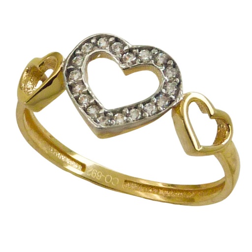 [3807] TWO TONE GOLD HEARTS RING WITH CZ.