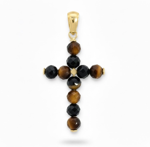 [00084O] 3MM EYE OF TIGER COLOR BALLS CROSS PENDANT.20x14MM