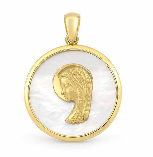 [9K0080] 16MM ROUND MOTHER OF PEARL VIRGIN MEDAL.9 KARAT