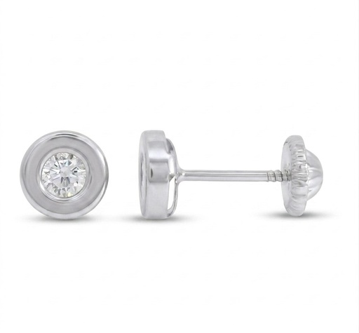 [1026B] 5'5MM ROUND PLANE BEZEL EARRINGS.3MM CZ.,SCREW BACK.WHITE GOLD