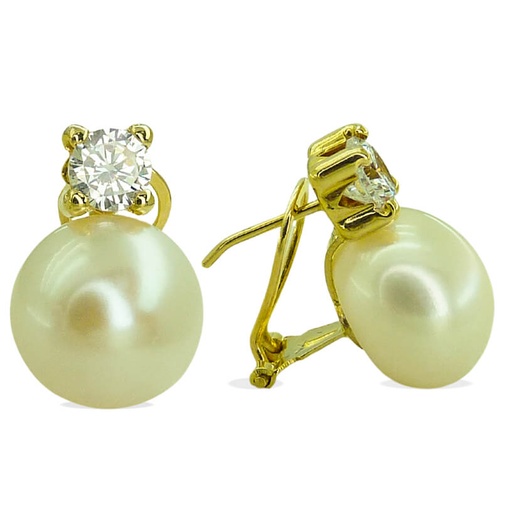 [2317] 5MM CZ  AND 11MM BUTTON FRESHWATER PEARL EARRINGS.OMEGA BACK.