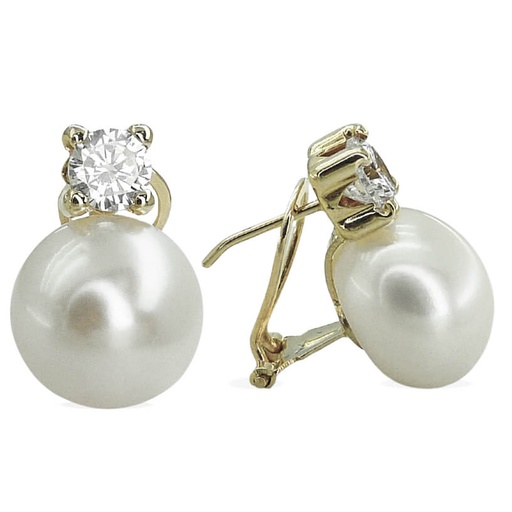 [2317B] 5MM CZ  AND 11MM BUTTON FRESHWATER PEARL EARRINGS.OMEGA BACK.WHITE GOLD