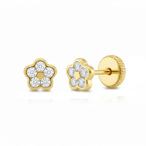 [2374] 4'5MM FLOWER STUD EARRINGS WITH CZ.SCREW BACK.